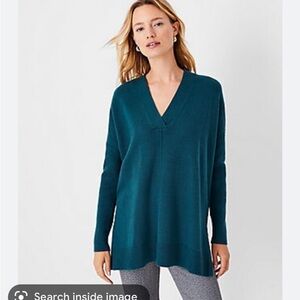NWT Ann Taylor Sweater Teal Tunic Oversized V Neck Knit Winter Blue Green XXS